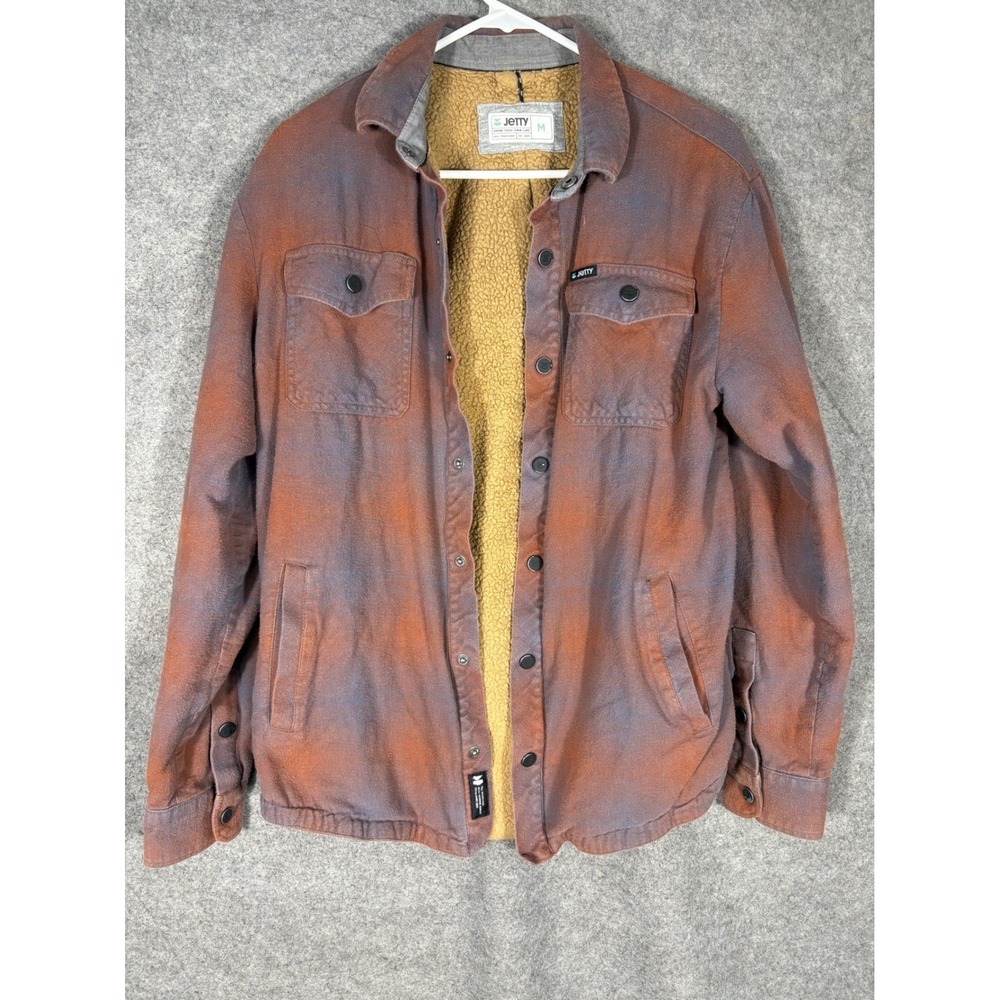 Jetty Mens Sherpa Lined Flannel Shirt Jacket Orange Blue Plaid Snap Front Size M